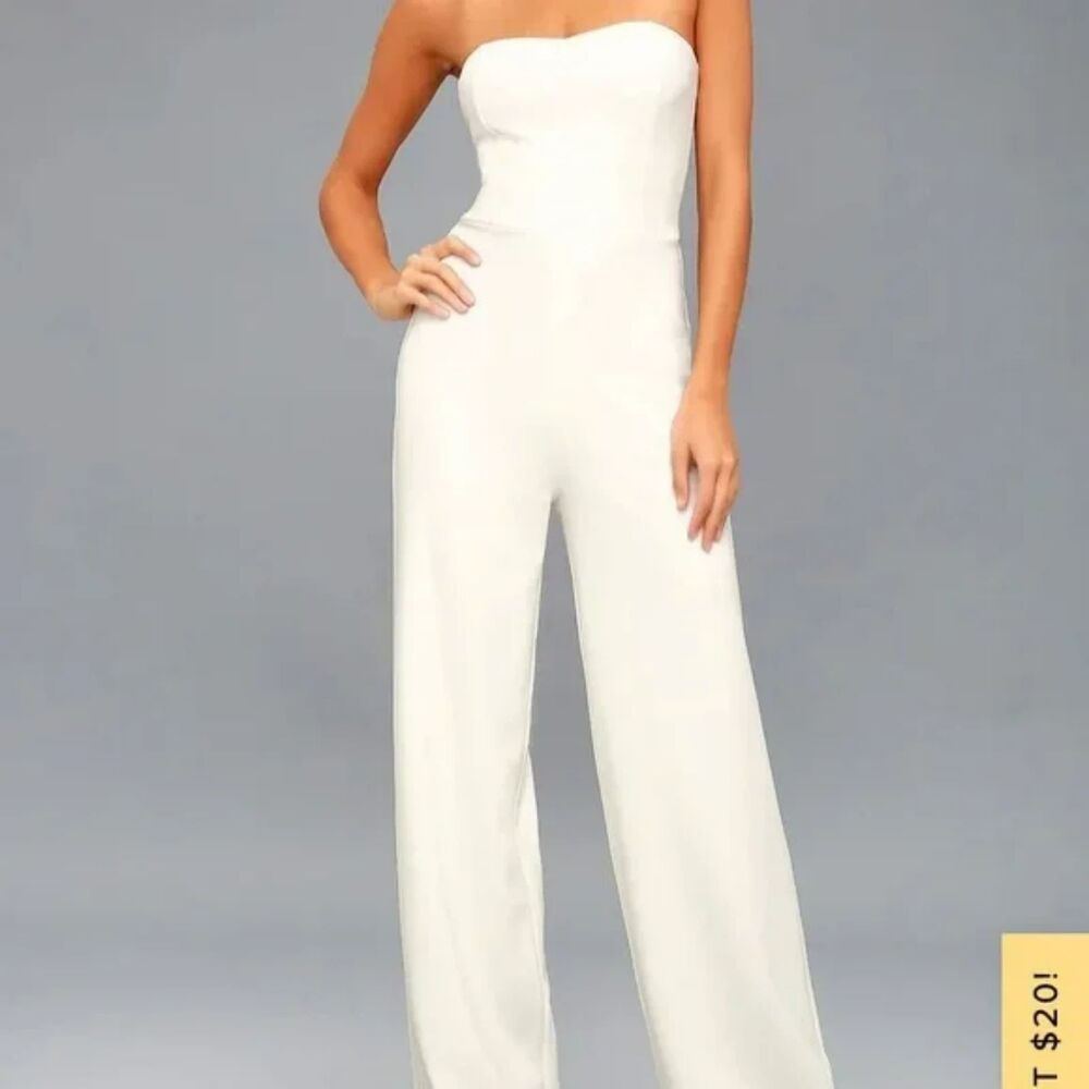 LULUS BRIGHT WHITE EDITH SLEEK WIDE LEG STRAPLESS JUMPSUIT SIZE SMALL